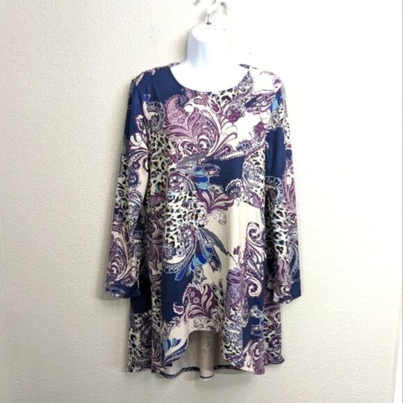 Chico's Paisley Button Back Tunic Sweater Top Purple Blue High Low Hem Pockets M - Picture 1 of 10